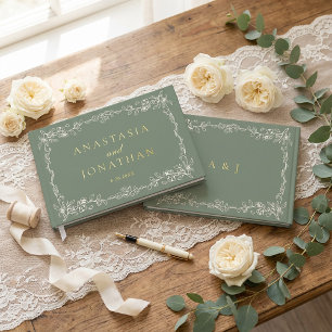 Livre D'or Mariage élégant vintage vert sauge monogramme