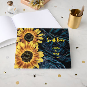 Livre D'or Mariage en denim bleu rustique jaune tournesol