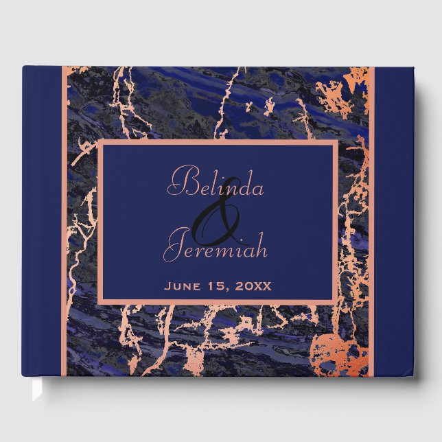 Livre D'or Mariage en marbre de Faux Rose Gold & Navy (Recto)