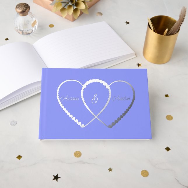 Livre D'or Mariage entrelacé Coeurs Bleus Argent (Recto ouvert)