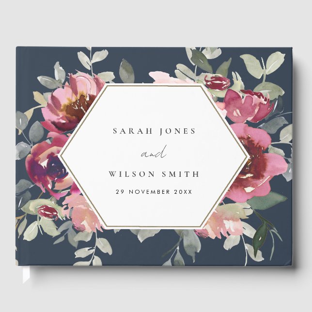 LIVRE D'OR MARIAGE FLEUR AQUARELLE BOURGOGNE BLUSH MARINE (Recto)