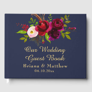 Livre D'or Mariage Fleurie Bleu Marine et Bourgogne