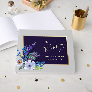 Livre D'or Mariage Floral Bleu Gold Frame