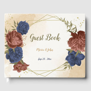 Livre D'or mariage floral bleu marine en terre cuite