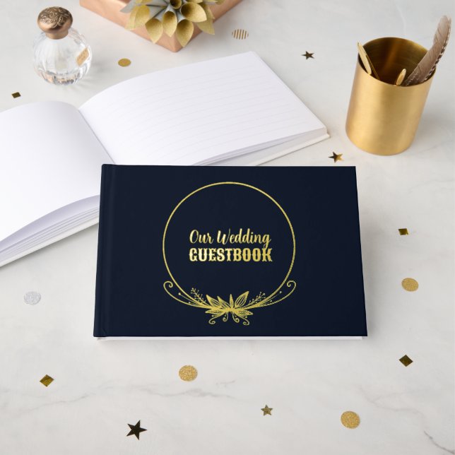 Livre D'or Mariage floral bleu marine et or (Recto ouvert)