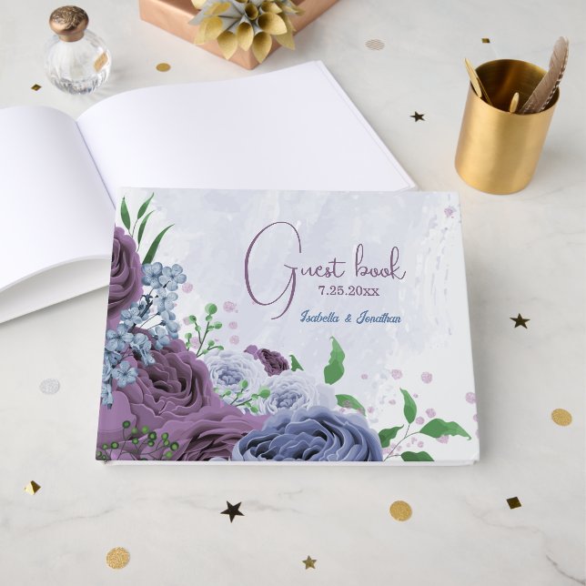 Livre D'or Mariage floral bleu pourpre (Recto ouvert)