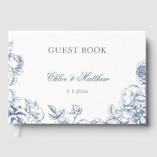 Livre D'or Mariage Floral Bleu Poussiéreux Élégant Classique