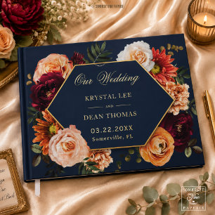 Livre D'or Mariage Floral Bordeaux Rouille Bleu Nuit Sombre
