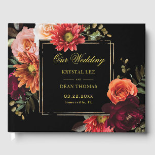 Livre D'or Mariage Floral Bordeaux Rouille Foncé et Orange