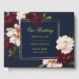 Livre D'or Mariage Floral Burgundy Rouge Foncé Bleu Marine