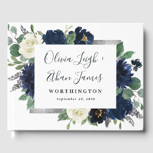 Livre D'or Mariage floral d'ivoire élégant bleu marine et arg