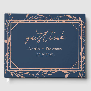 Livre D'or Mariage floral élégant bleu marine et or rose