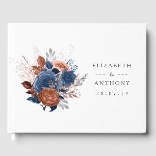 Livre D'or Mariage floral en corail, bleu marine et argent