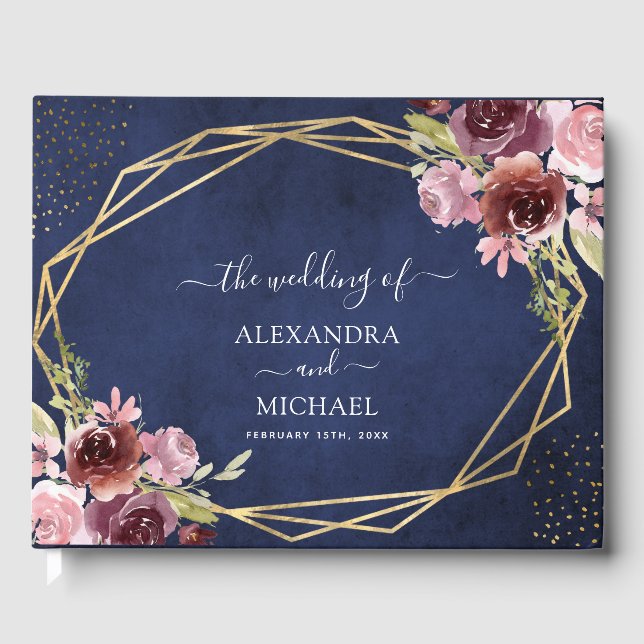 Livre D'or Mariage floral géométrique bleu de la marine de Bo (Recto)