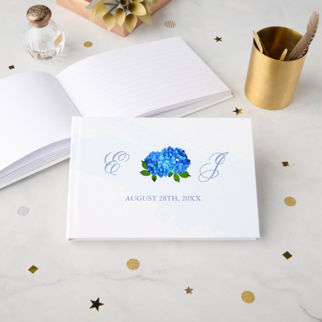 Livre D'or Mariage Floral Hydrangea Bleu (Recto ouvert)