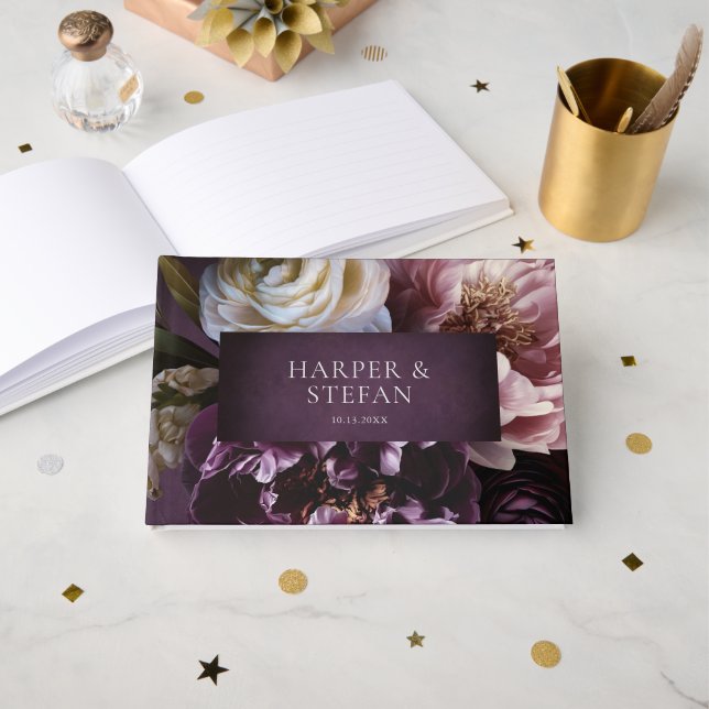 Livre D'or Mariage Floral Maximaliste Violet Élégant (Recto ouvert)