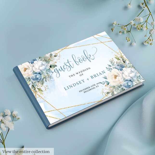 Livre D'or Mariage Floral Or Blanc Bleu Poussière Élégant (Sophisticated Dusty Blue White Gold Floral Guest Book)