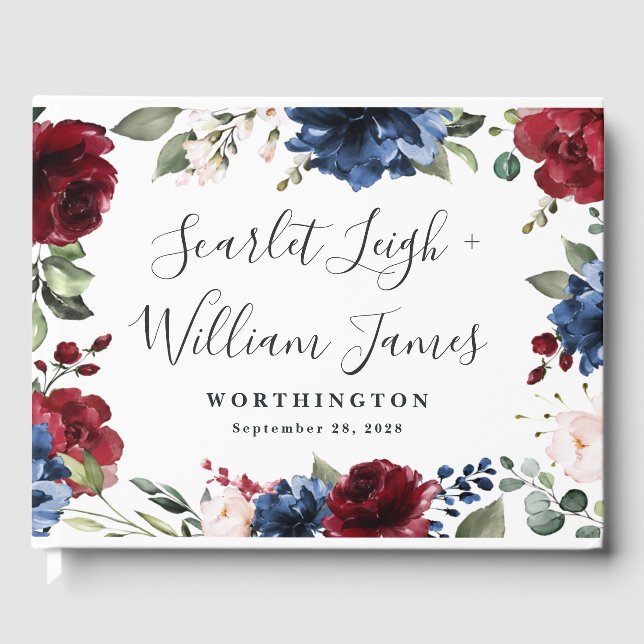 Livre D'or Mariage floral rose rose bleu marine et bordeaux (Recto)