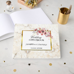 Livre D'or Mariage floral rouge rose aquarelle marbre blanc