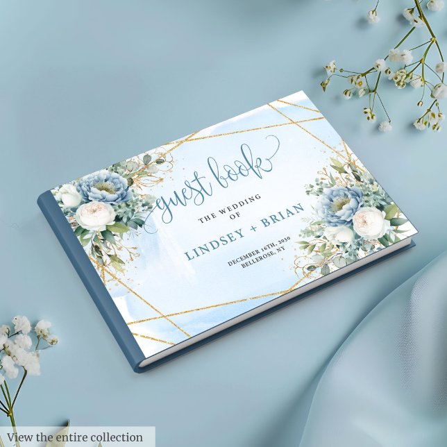Livre D'or Mariage Floral Rustique Dusty Bleu Blanc Or (Modern Rustic Dusty Blue White Gold Floral Wedding Guest Book)