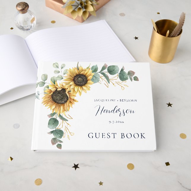 Livre D'or Mariage Floral Tournesol Eucalyptus Script (Recto ouvert)