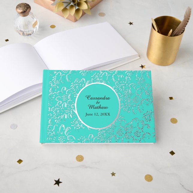 Livre D'or Mariage floral turquoise de marguerites argentées (Recto ouvert)