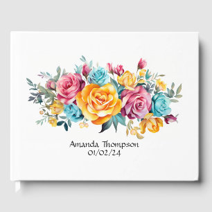 Livre D'or Mariage floral turquoise, jaune et rose