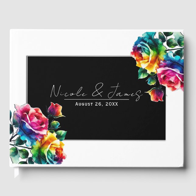 Livre D'or Mariage Floral Vibrant Roses Arc-en-Ciel Noir & Bl (Recto)