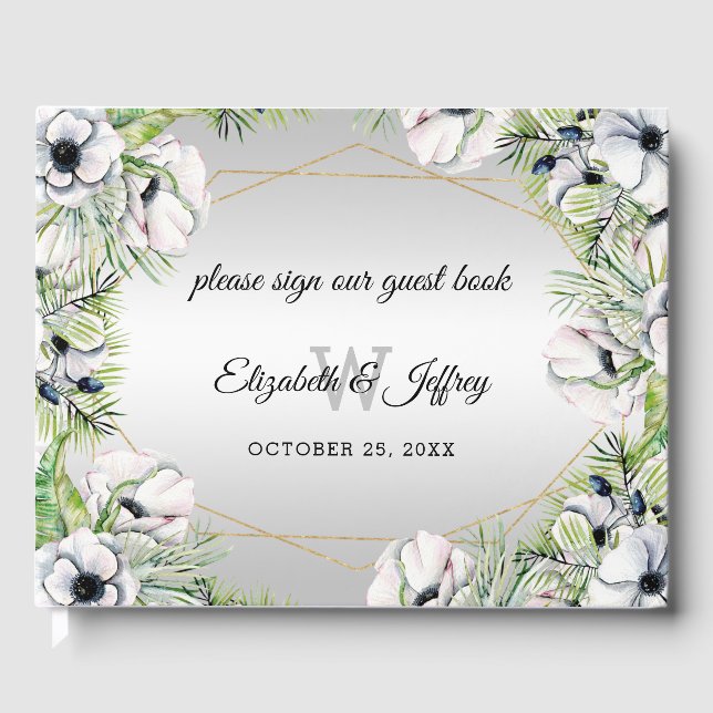 Livre D'or Mariage géométrique en argent rustique blanc anémo (Recto)