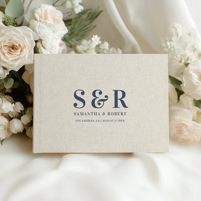 Livre D'or Mariage gris bleu Monogramme Linge beige (Créateur téléchargé)