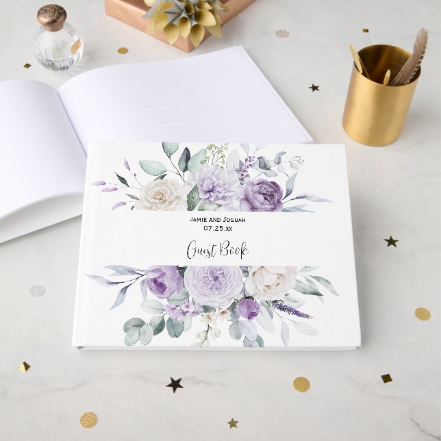 Livre D'or Mariage Lavender Peonés et Roses Blanches (Recto ouvert)