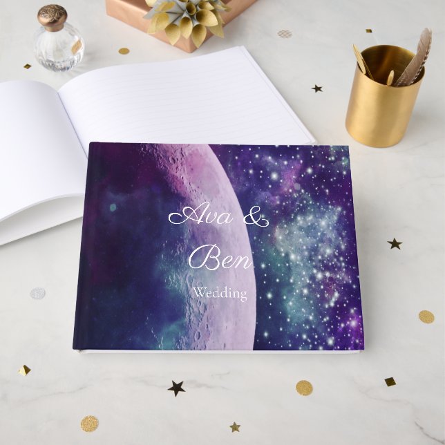 Livre D'or Mariage Lune Galaxie Violet Céleste  (Recto ouvert)