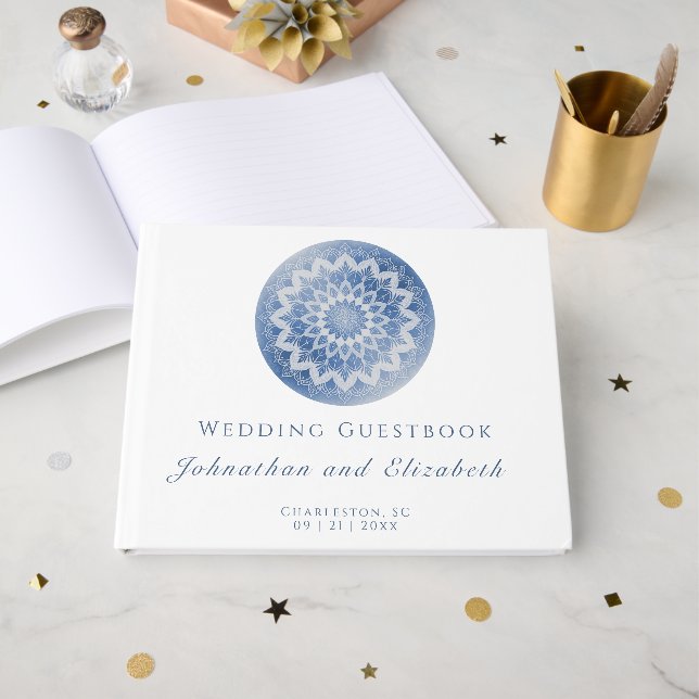 Livre D'or Mariage Mandala à Dentelle Bleue (Recto ouvert)
