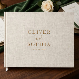 Livre D'or Mariage Minimaliste Écriture Dorée Lin Beige