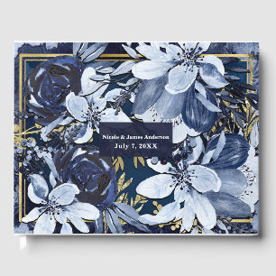 Livre D'or Mariage moderne aquarelle floral bleu marine et or