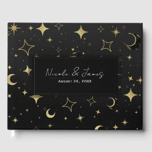Livre D'or Mariage Moderne Céleste Lune Étoiles Noir & Or