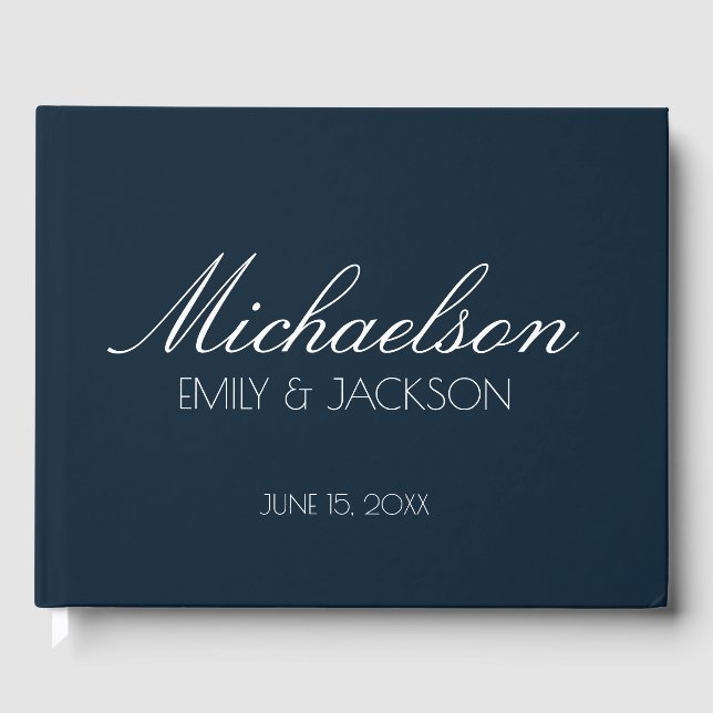 Livre D'or Mariage Moderne Chic Bleu Nuit Blanc Script (Recto)