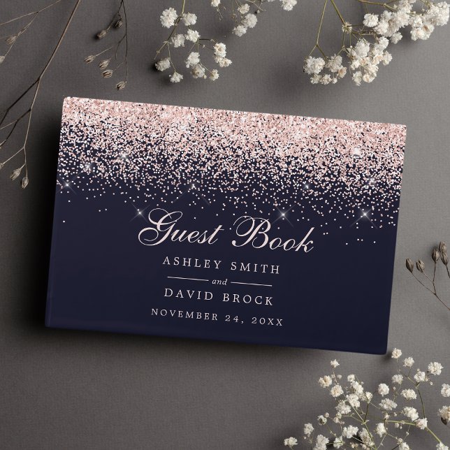Livre D'or Mariage Moderne Chic Bleu Nuit Confettis Rose Doré (Créateur téléchargé)