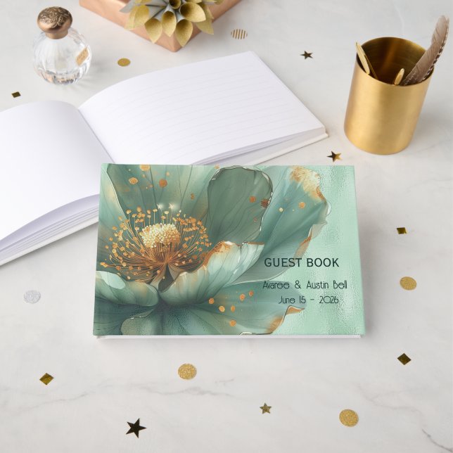 Livre D'or Mariage Moderne Minimaliste Émeraude et Or  (Recto ouvert)