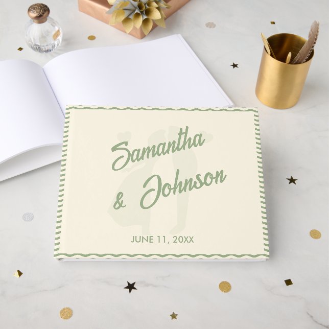 Livre D'or Mariage Moderne Vert Sauge Rayure Ondulée (Recto ouvert)