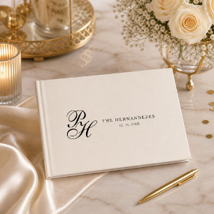 Livre D'or Mariage Monogramme Élégant Écriture Beige Crème