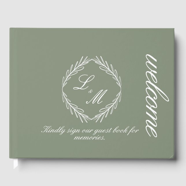 Livre D'or Mariage Monogramme Script Branche Vert Sage  (Recto)
