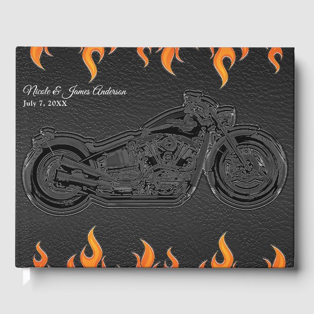Livre D'or Mariage moto en cuir noir et en flammes orange (Recto)