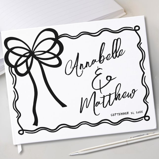 Livre D'or Mariage noir blanc à main (Hand Drawn Black White Bow Wedding Guest Book)
