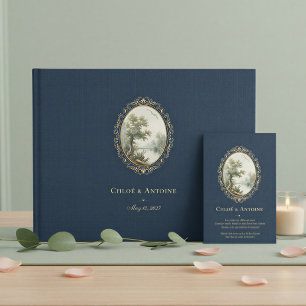 Livre D'or Mariage pastoral français bleu marine et or