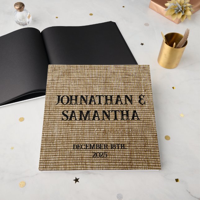Livre D'or Mariage personnalisé rustique burlap motif nature (Recto ouvert)