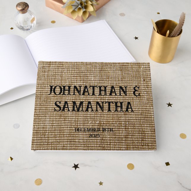 Livre D'or Mariage personnalisé rustique burlap motif nature (Recto ouvert)