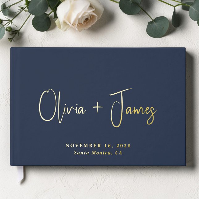Livre D'or Mariage Photo Bleu Minimal Script (Minimal Script Photo Blue Wedding Foil Guest Book)