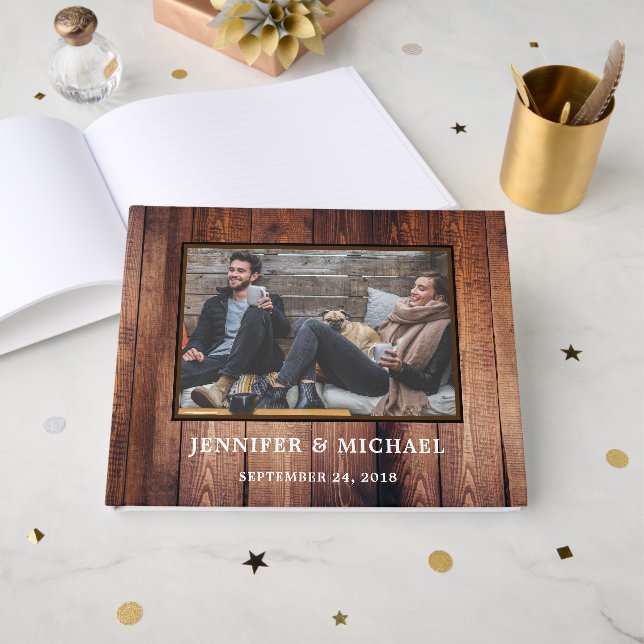 Livre D'or Mariage photo Bride et Groom en bois foncé rustiqu (Recto ouvert)