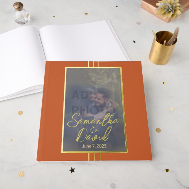 Livre D'or Mariage photo en terre cuite Foil Guestbook (Recto ouvert)